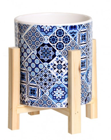 Ghiveci din ceramică în suport din lemn