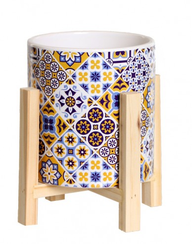 ghiveci  din ceramică în suport din lemn mozaic